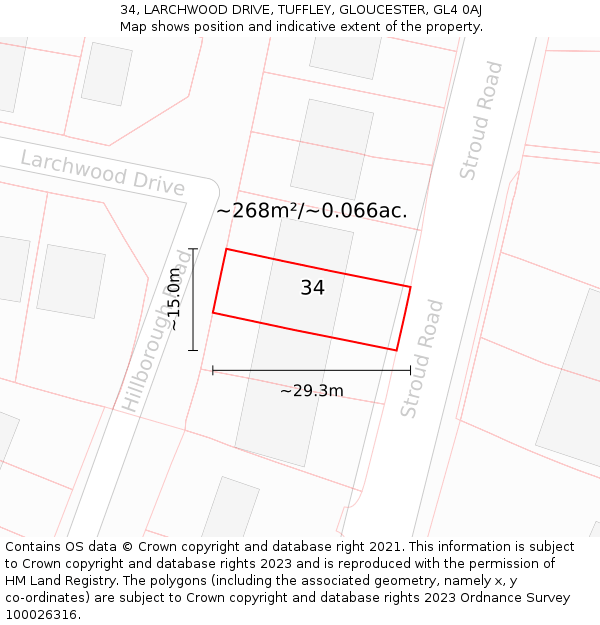 34, LARCHWOOD DRIVE, TUFFLEY, GLOUCESTER, GL4 0AJ: Plot and title map