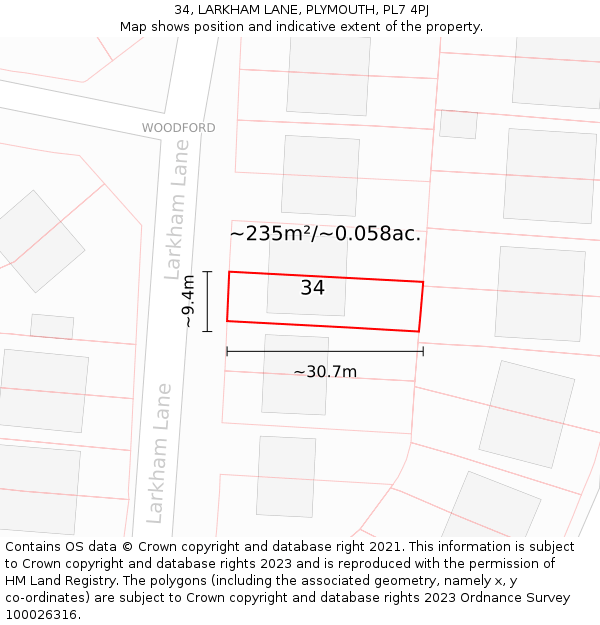 34, LARKHAM LANE, PLYMOUTH, PL7 4PJ: Plot and title map
