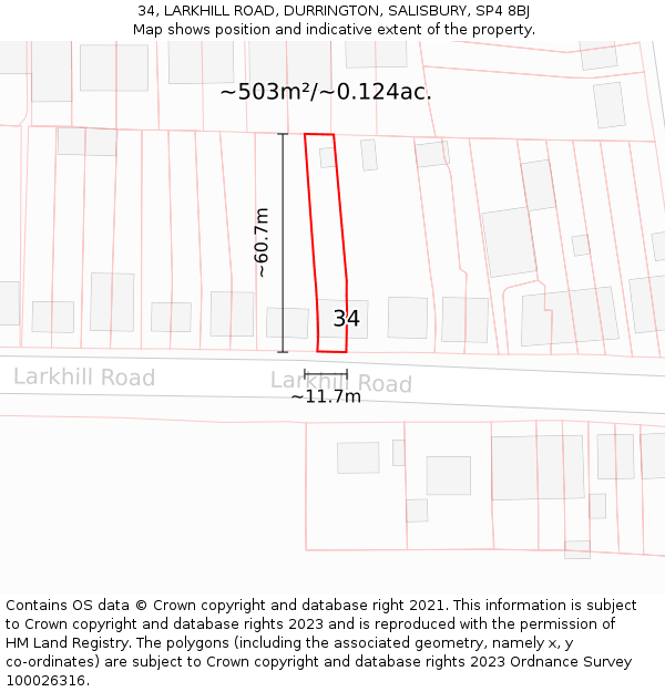 34, LARKHILL ROAD, DURRINGTON, SALISBURY, SP4 8BJ: Plot and title map