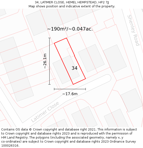 34, LATIMER CLOSE, HEMEL HEMPSTEAD, HP2 7JJ: Plot and title map