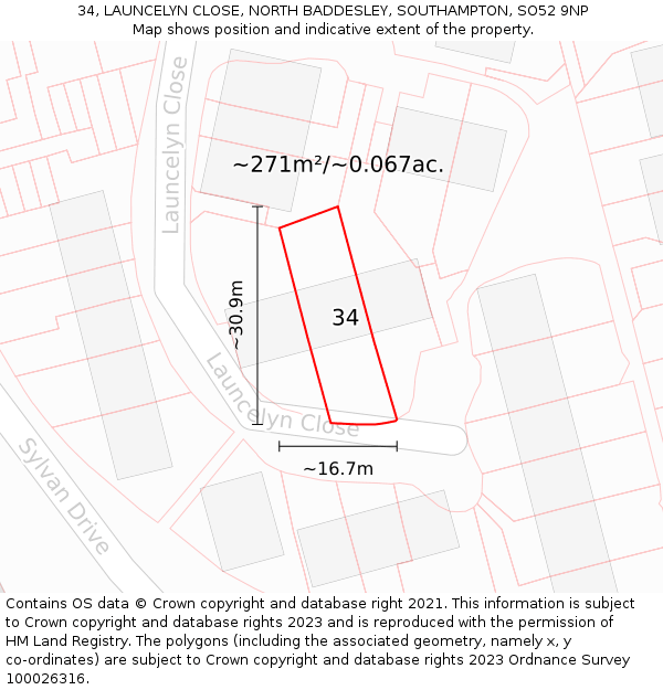 34, LAUNCELYN CLOSE, NORTH BADDESLEY, SOUTHAMPTON, SO52 9NP: Plot and title map