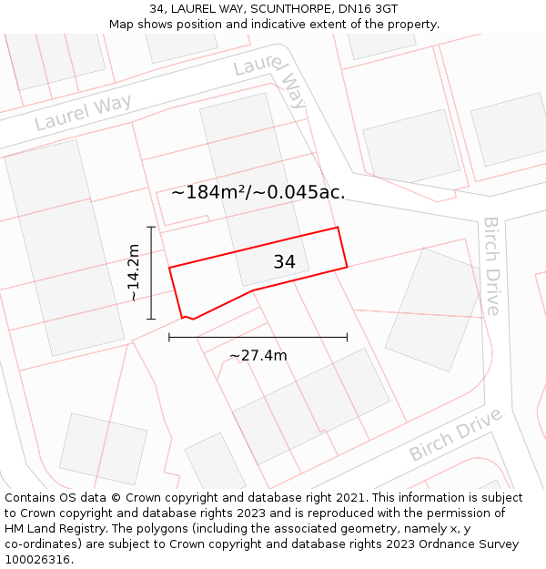 34, LAUREL WAY, SCUNTHORPE, DN16 3GT: Plot and title map