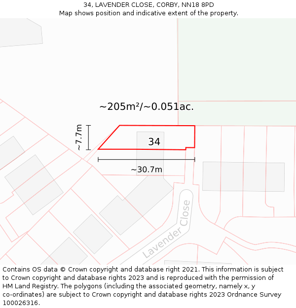 34, LAVENDER CLOSE, CORBY, NN18 8PD: Plot and title map