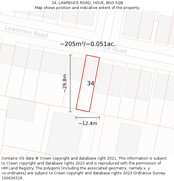 34, LAWRENCE ROAD, HOVE, BN3 5QB: Plot and title map