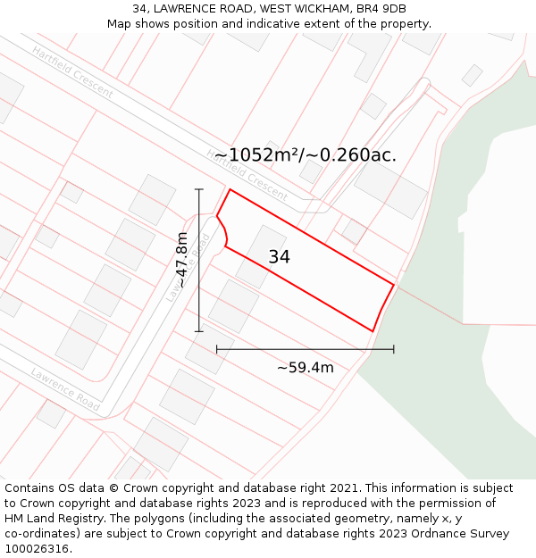 34, LAWRENCE ROAD, WEST WICKHAM, BR4 9DB: Plot and title map