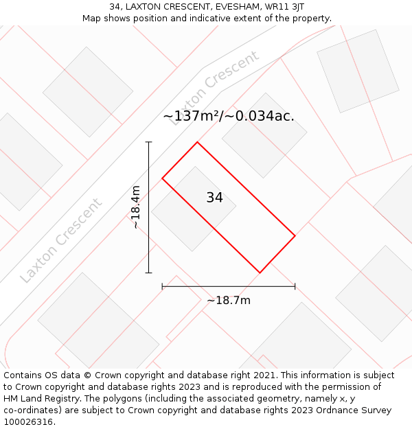 34, LAXTON CRESCENT, EVESHAM, WR11 3JT: Plot and title map