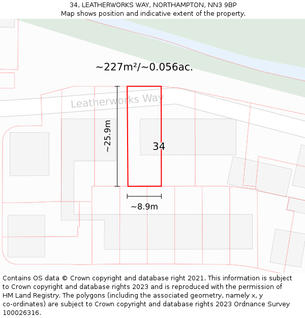34, LEATHERWORKS WAY, NORTHAMPTON, NN3 9BP: Plot and title map
