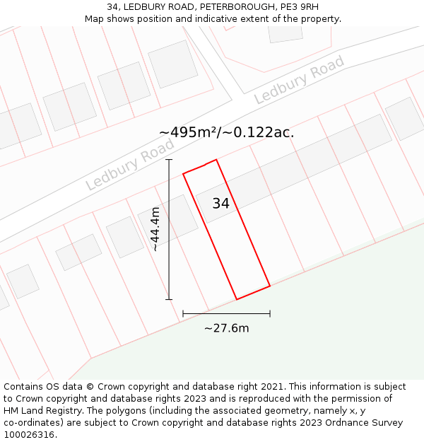 34, LEDBURY ROAD, PETERBOROUGH, PE3 9RH: Plot and title map