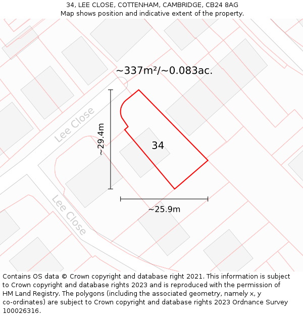 34, LEE CLOSE, COTTENHAM, CAMBRIDGE, CB24 8AG: Plot and title map