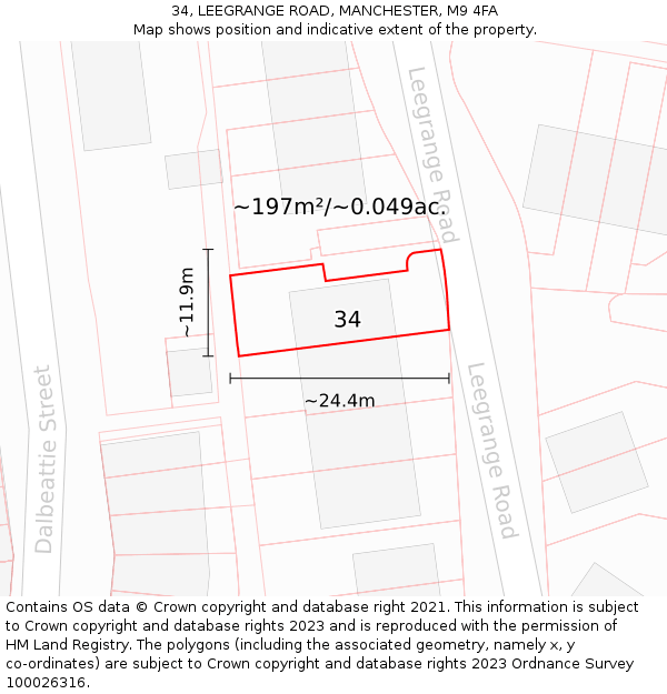 34, LEEGRANGE ROAD, MANCHESTER, M9 4FA: Plot and title map