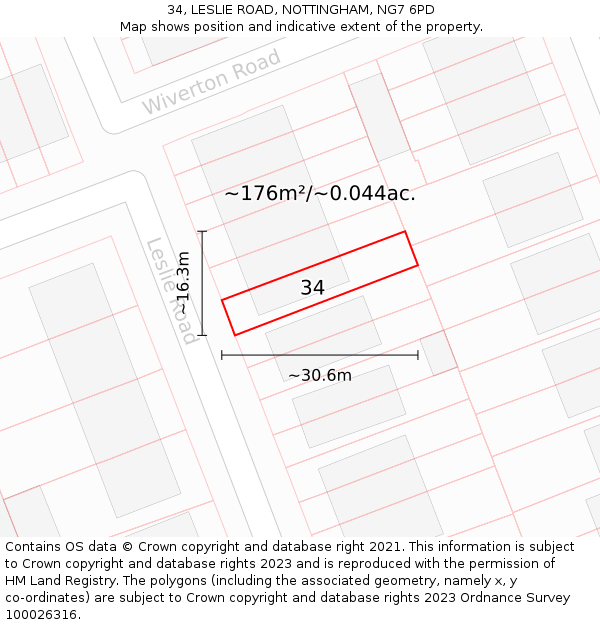 34, LESLIE ROAD, NOTTINGHAM, NG7 6PD: Plot and title map