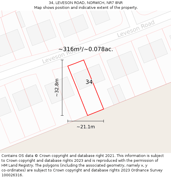 34, LEVESON ROAD, NORWICH, NR7 8NR: Plot and title map