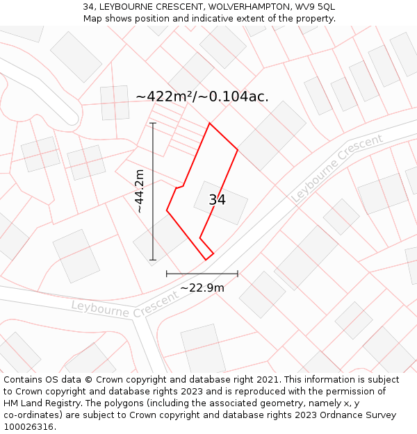 34, LEYBOURNE CRESCENT, WOLVERHAMPTON, WV9 5QL: Plot and title map