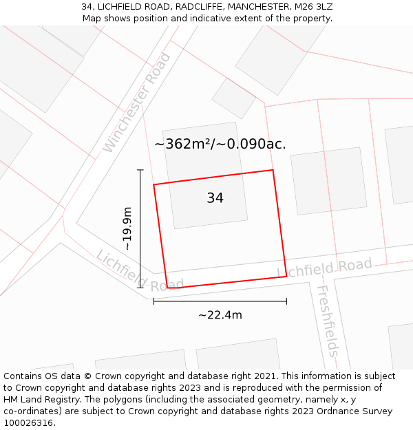 34, LICHFIELD ROAD, RADCLIFFE, MANCHESTER, M26 3LZ: Plot and title map