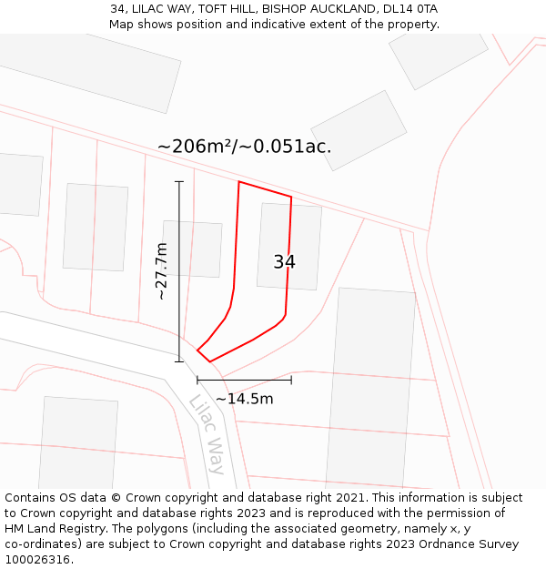 34, LILAC WAY, TOFT HILL, BISHOP AUCKLAND, DL14 0TA: Plot and title map