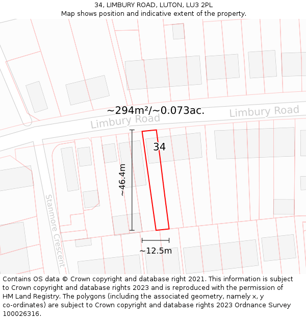 34, LIMBURY ROAD, LUTON, LU3 2PL: Plot and title map