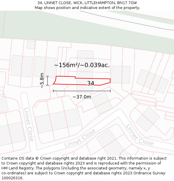 34, LINNET CLOSE, WICK, LITTLEHAMPTON, BN17 7GW: Plot and title map