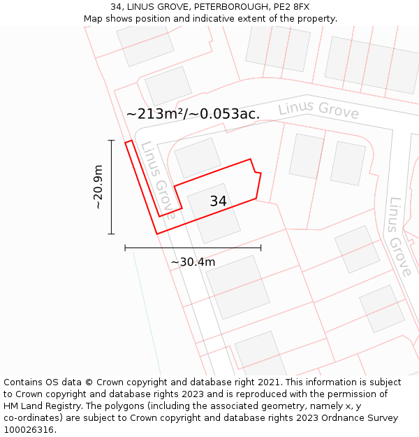 34, LINUS GROVE, PETERBOROUGH, PE2 8FX: Plot and title map