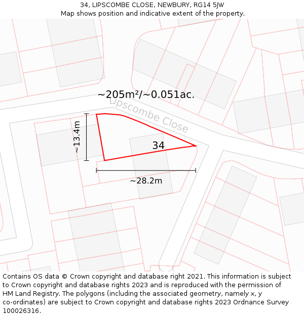 34, LIPSCOMBE CLOSE, NEWBURY, RG14 5JW: Plot and title map