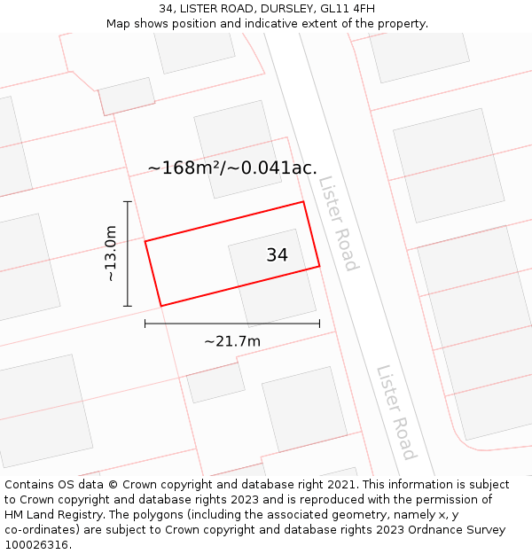 34, LISTER ROAD, DURSLEY, GL11 4FH: Plot and title map