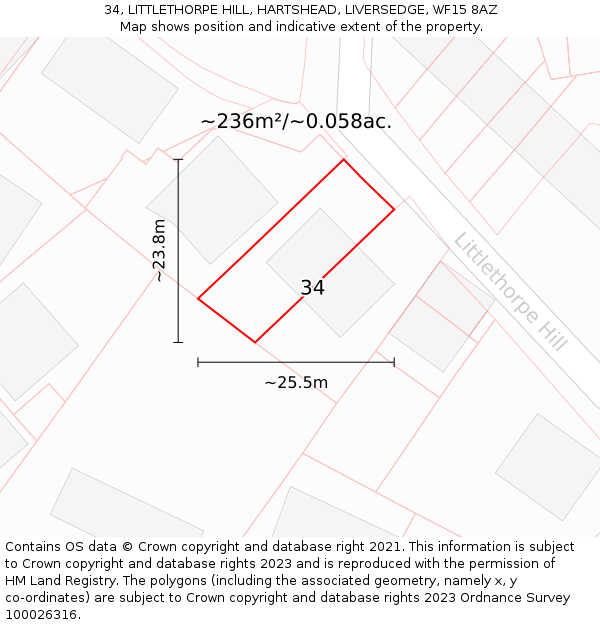 34, LITTLETHORPE HILL, HARTSHEAD, LIVERSEDGE, WF15 8AZ: Plot and title map
