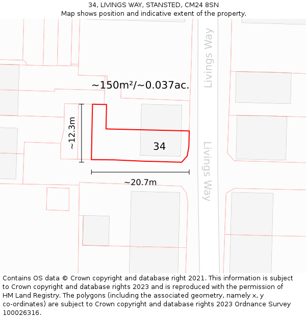 34, LIVINGS WAY, STANSTED, CM24 8SN: Plot and title map
