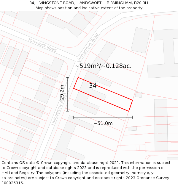 34, LIVINGSTONE ROAD, HANDSWORTH, BIRMINGHAM, B20 3LL: Plot and title map
