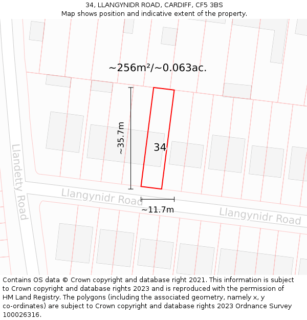 34, LLANGYNIDR ROAD, CARDIFF, CF5 3BS: Plot and title map