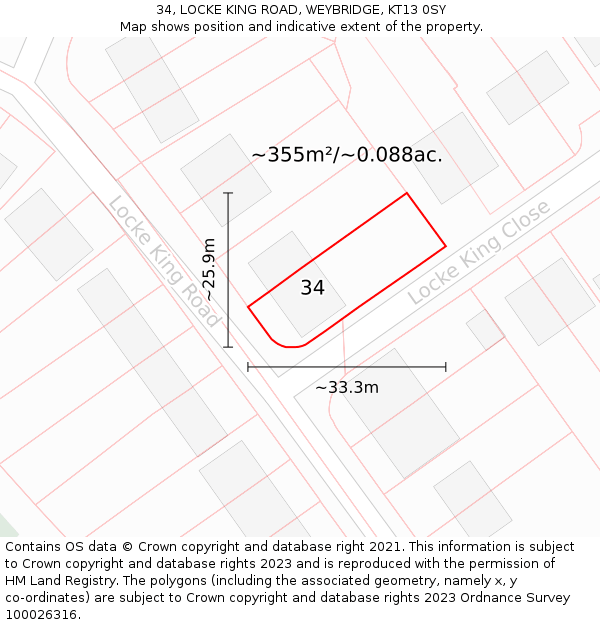 34, LOCKE KING ROAD, WEYBRIDGE, KT13 0SY: Plot and title map