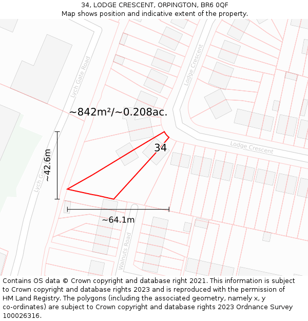 34, LODGE CRESCENT, ORPINGTON, BR6 0QF: Plot and title map