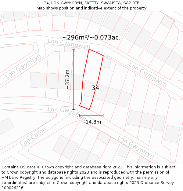 34, LON GWYNFRYN, SKETTY, SWANSEA, SA2 0TR: Plot and title map