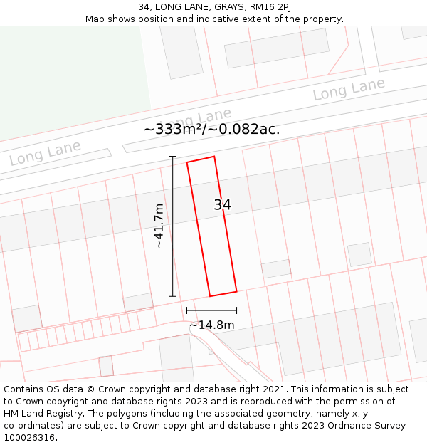 34, LONG LANE, GRAYS, RM16 2PJ: Plot and title map
