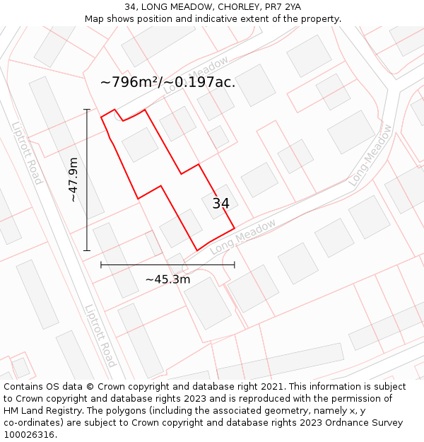 34, LONG MEADOW, CHORLEY, PR7 2YA: Plot and title map