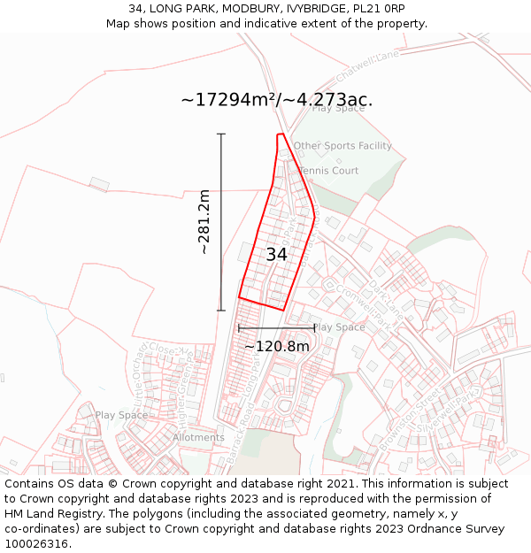34, LONG PARK, MODBURY, IVYBRIDGE, PL21 0RP: Plot and title map