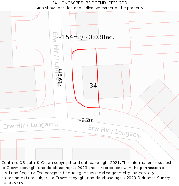 34, LONGACRES, BRIDGEND, CF31 2DD: Plot and title map