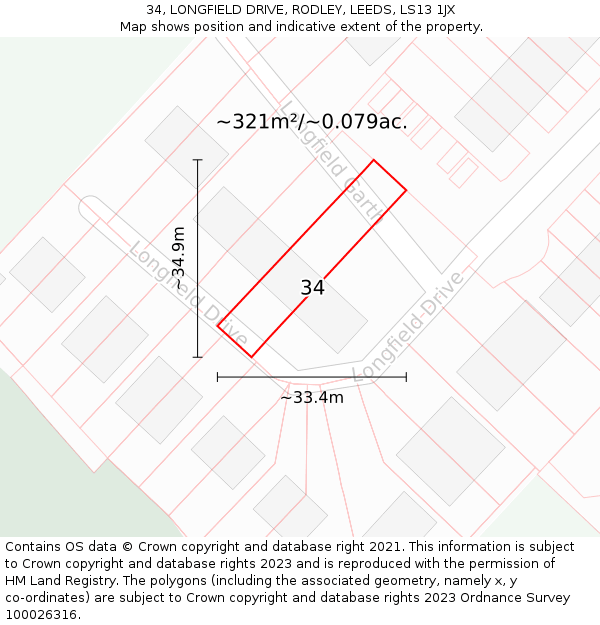 34, LONGFIELD DRIVE, RODLEY, LEEDS, LS13 1JX: Plot and title map
