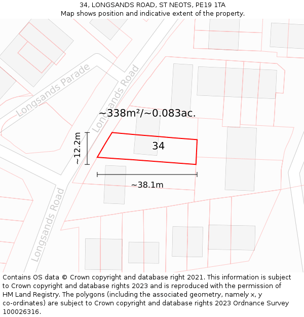34, LONGSANDS ROAD, ST NEOTS, PE19 1TA: Plot and title map