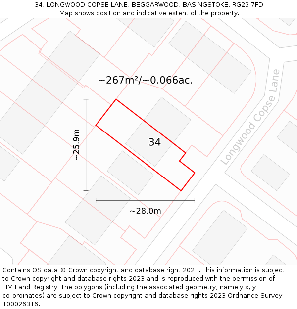 34, LONGWOOD COPSE LANE, BEGGARWOOD, BASINGSTOKE, RG23 7FD: Plot and title map