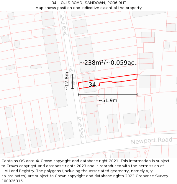 34, LOUIS ROAD, SANDOWN, PO36 9HT: Plot and title map