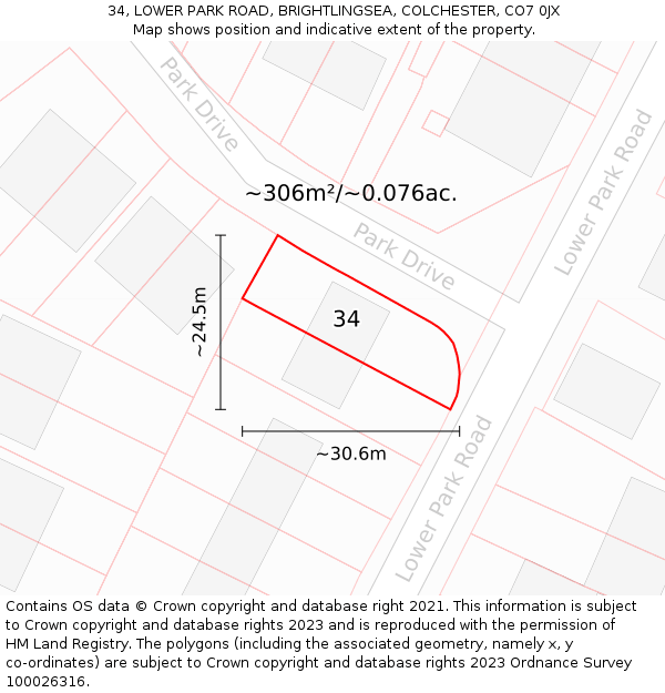 34, LOWER PARK ROAD, BRIGHTLINGSEA, COLCHESTER, CO7 0JX: Plot and title map