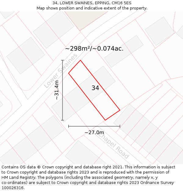 34, LOWER SWAINES, EPPING, CM16 5ES: Plot and title map