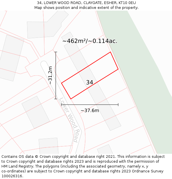 34, LOWER WOOD ROAD, CLAYGATE, ESHER, KT10 0EU: Plot and title map