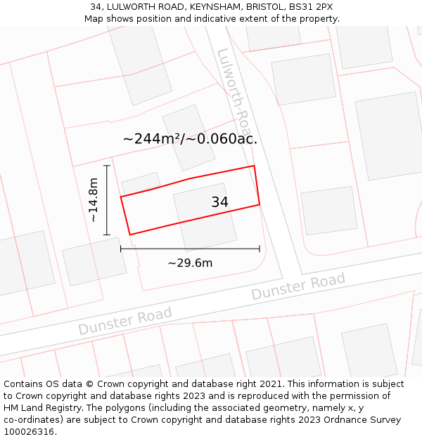 34, LULWORTH ROAD, KEYNSHAM, BRISTOL, BS31 2PX: Plot and title map