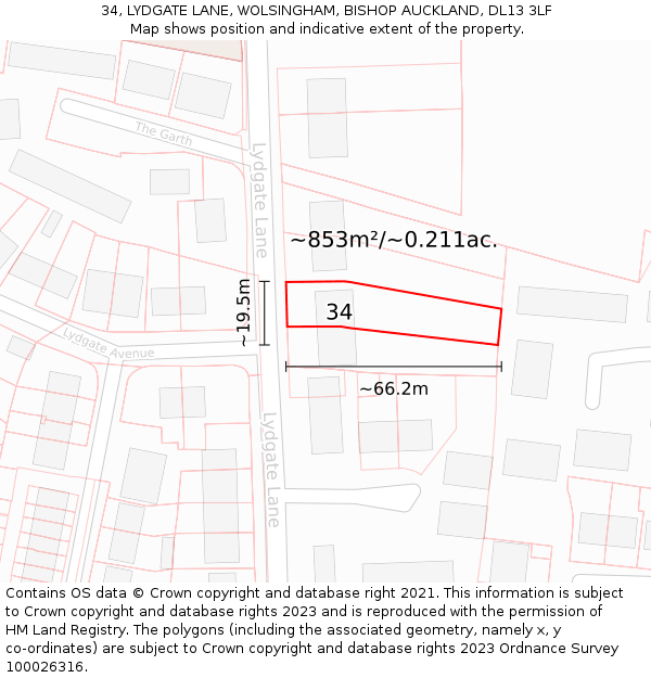 34, LYDGATE LANE, WOLSINGHAM, BISHOP AUCKLAND, DL13 3LF: Plot and title map