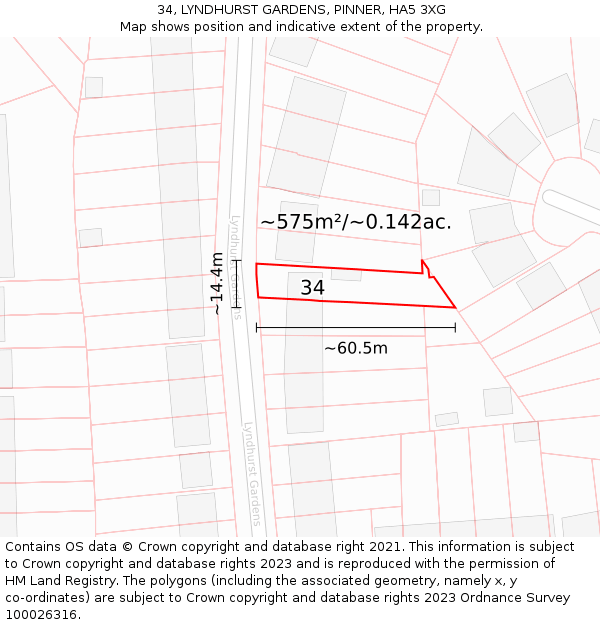 34, LYNDHURST GARDENS, PINNER, HA5 3XG: Plot and title map
