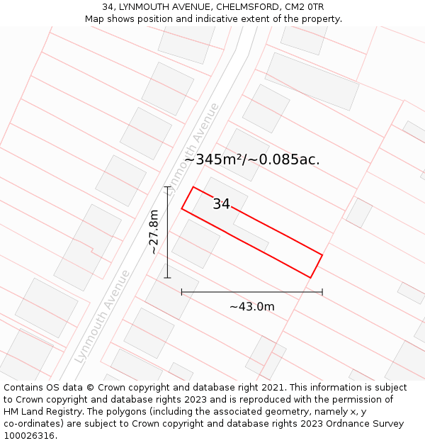 34, LYNMOUTH AVENUE, CHELMSFORD, CM2 0TR: Plot and title map