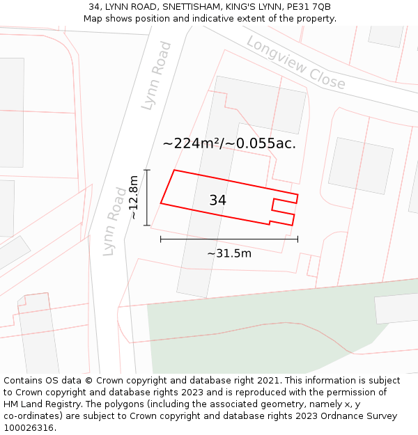 34, LYNN ROAD, SNETTISHAM, KING'S LYNN, PE31 7QB: Plot and title map