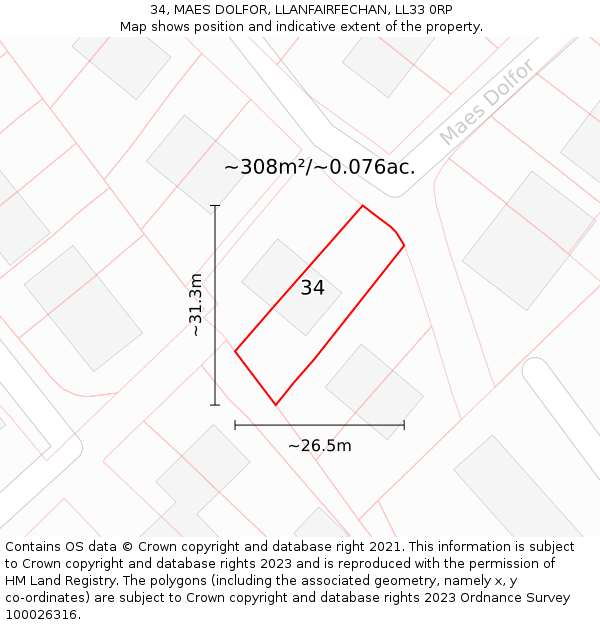 34, MAES DOLFOR, LLANFAIRFECHAN, LL33 0RP: Plot and title map
