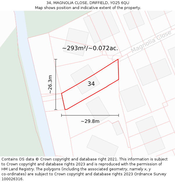 34, MAGNOLIA CLOSE, DRIFFIELD, YO25 6QU: Plot and title map