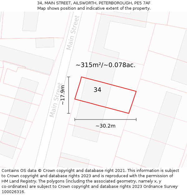 34, MAIN STREET, AILSWORTH, PETERBOROUGH, PE5 7AF: Plot and title map